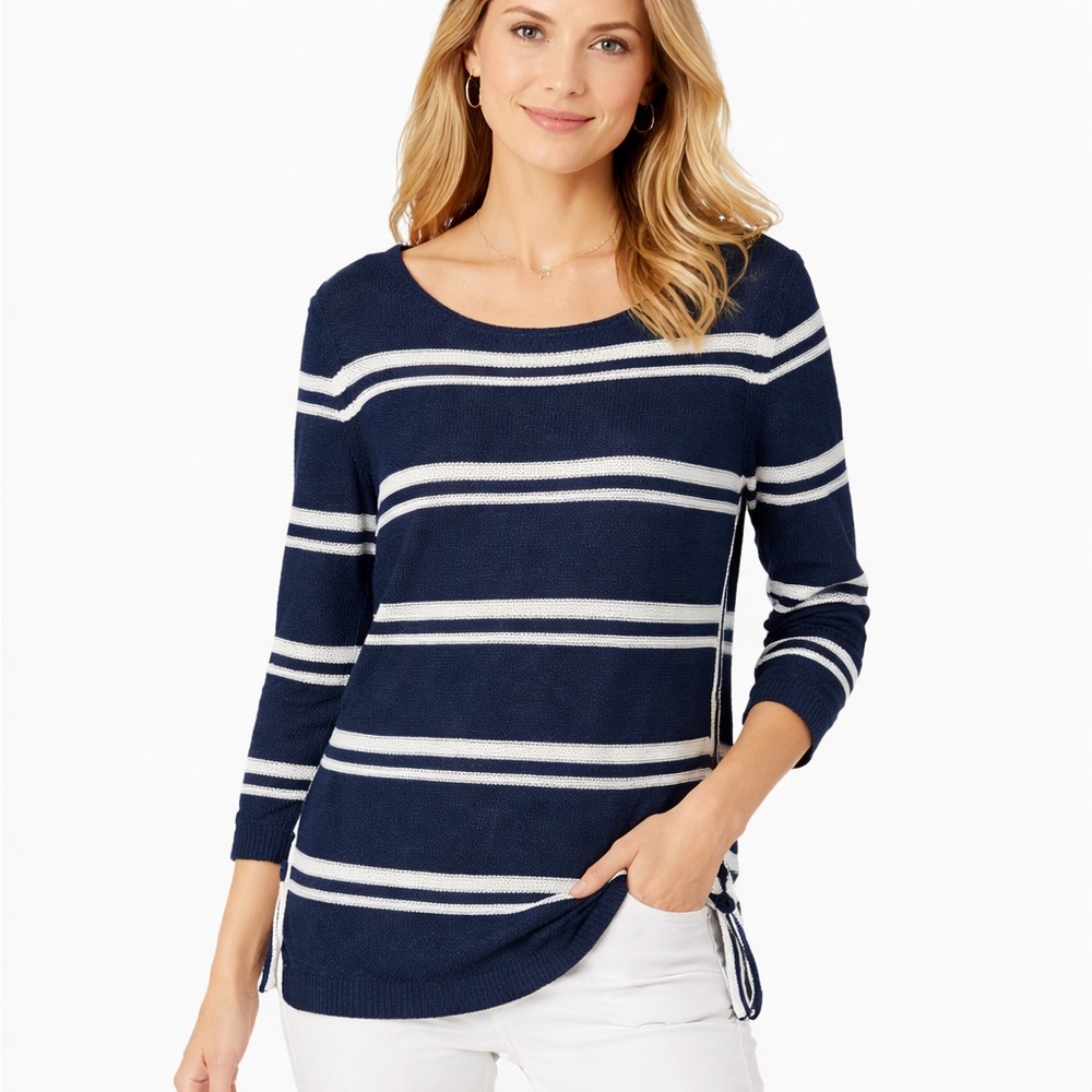 Talbots Petites Navy White Striped Linen Sweater Side Button MP